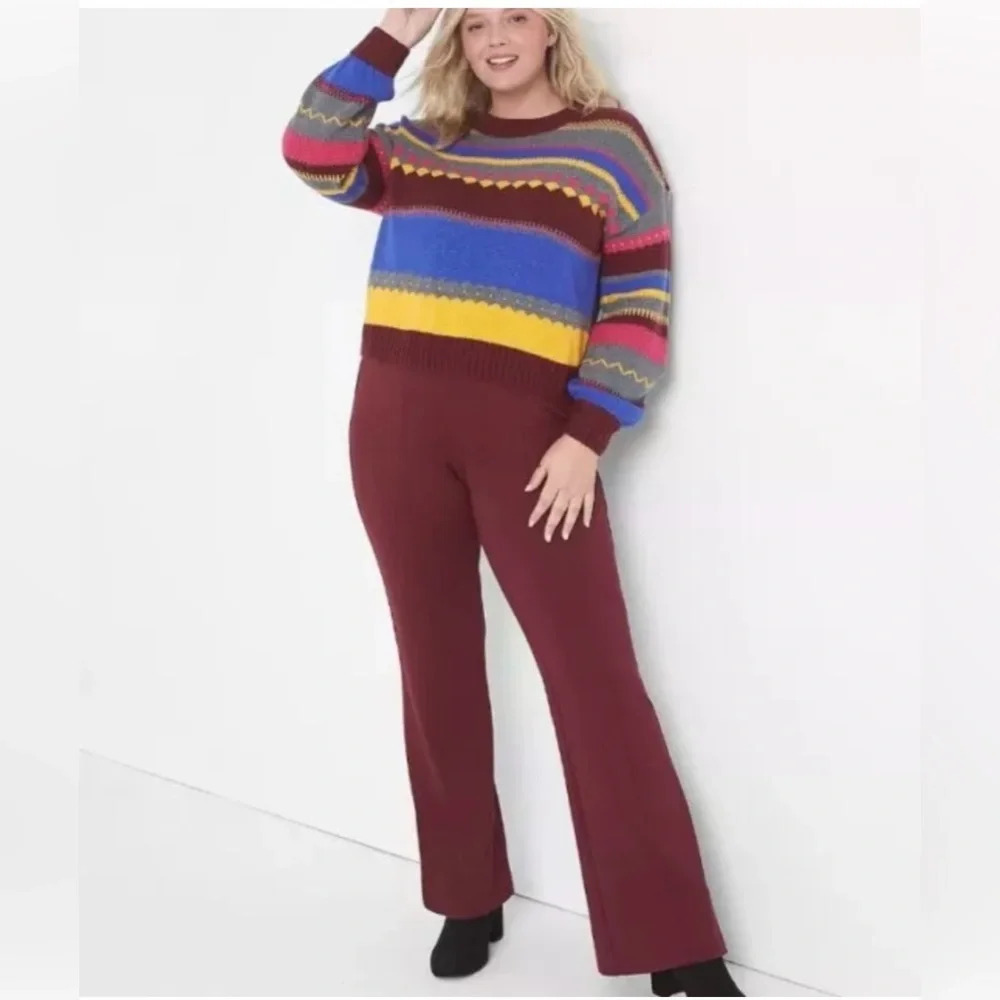 Lane Bryant Plus Crew Neck Fair Isle Sweater Stripe Yellow Red Blue 14/16 1X - Picture 9 of 9